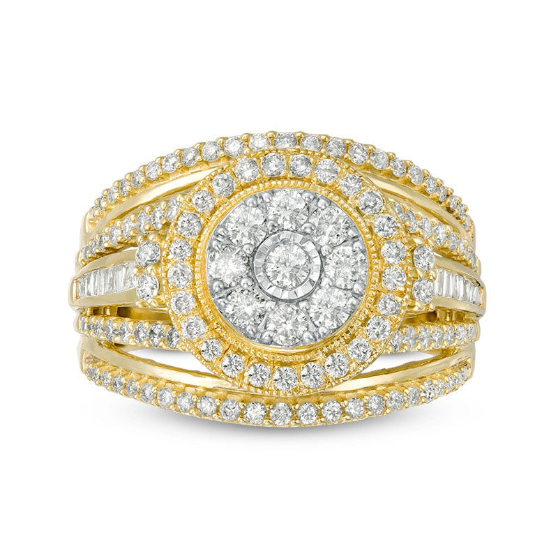 Previously Owned - 1.0 CT. T.W. Composite Natural Diamond Double Frame Multi-Row Antique Vintage-Style Engagement Ring in Solid 10K Yellow Gold