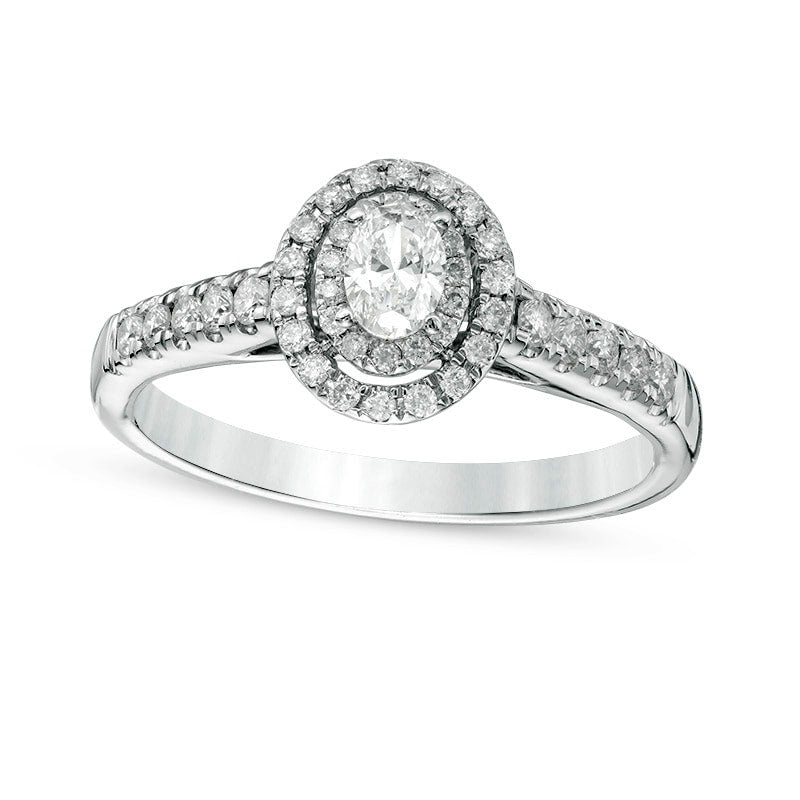 Previously Owned - 0.50 CT. T.W. Oval Natural Diamond Double Frame Engagement Ring in Solid 14K White Gold