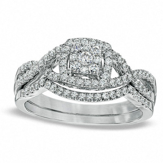 Previously Owned - 0.50 CT. T.W. Natural Diamond Cluster Twist Shank Bridal Engagement Ring Set in Solid 10K White Gold