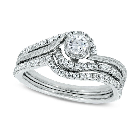 Previously Owned - 0.50 CT. T.W. Natural Diamond Milgrain Swirl Frame Bridal Engagement Ring Set in Solid 10K White Gold