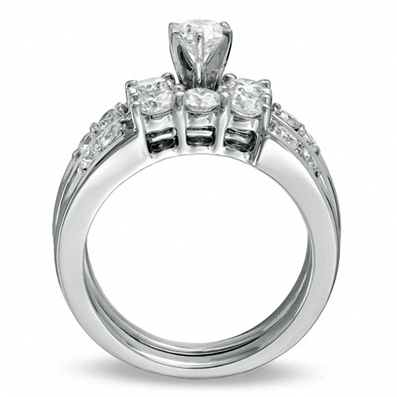 Previously Owned - 1.5 CT. T.W. Natural Diamond Three Stone Bridal Engagement Ring Set in Solid 14K White Gold