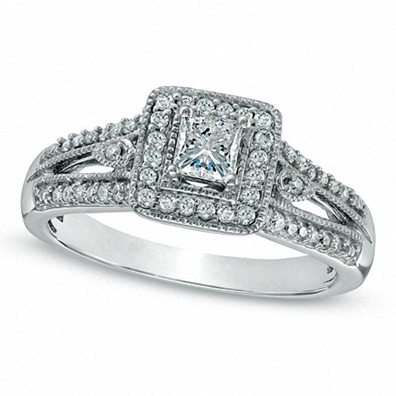 Previously Owned - 0.50 CT. T.W. Princess-Cut Natural Diamond Antique Vintage-Style Engagement Ring in Solid 10K White Gold