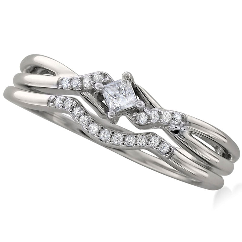 Previously Owned - 0.20 CT. T.W. Princess-Cut Natural Diamond Split Shank Bridal Engagement Ring Set in Solid 10K White Gold