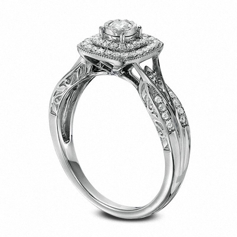 Previously Owned - 0.33 CT. T.W. Natural Diamond Antique Vintage-Style Double Frame Interlocking Shank Engagement Ring in Solid 10K White Gold