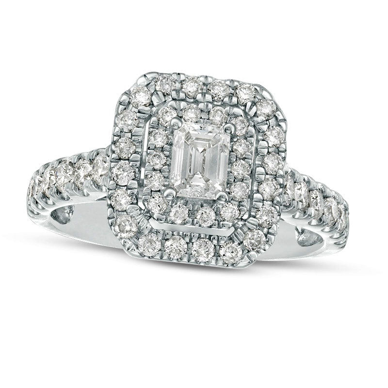 Previously Owned - 1.0 CT. T.W. Emerald-Cut Natural Diamond Double Frame Engagement Ring in Solid 14K White Gold