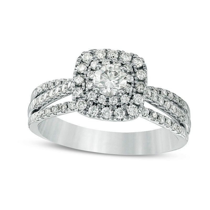 Previously Owned - 0.75 CT. T.W. Natural Diamond Double Cushion Frame Multi-Row Split Shank Engagement Ring in Solid 14K White Gold