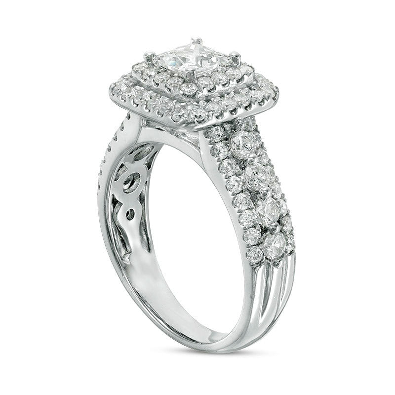 Previously Owned - 2.0 CT. T.W. Princess-Cut Natural Diamond Double Frame Multi-Row Engagement Ring in Solid 14K White Gold