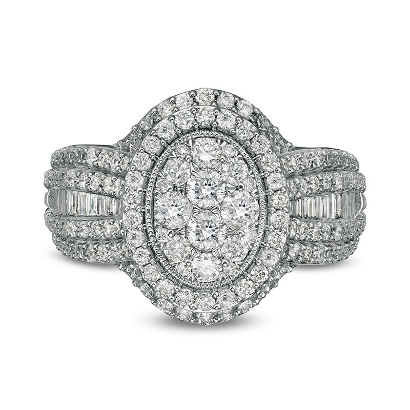 Previously Owned - 1.0 CT. T.W. Composite Oval Natural Diamond Frame Multi-Row Engagement Ring in Solid 10K White Gold