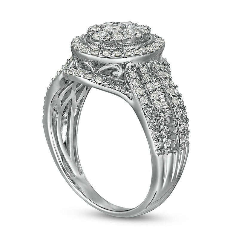 Previously Owned - 1.0 CT. T.W. Composite Oval Natural Diamond Frame Multi-Row Engagement Ring in Solid 10K White Gold