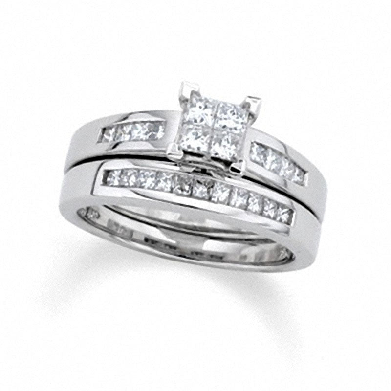 Previously Owned - 1.5 CT. T.W. Quad Princess-Cut Natural Diamond Bridal Engagement Ring Set in Solid 14K White Gold