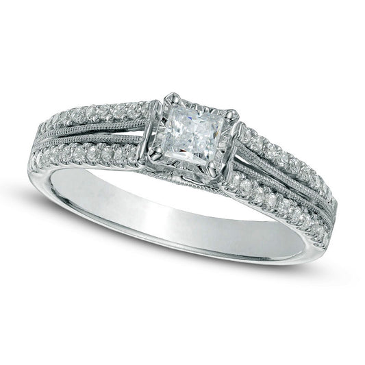 Previously Owned - 0.50 CT. T.W. Princess-Cut Natural Diamond Split Shank Engagement Ring in Solid 10K White Gold