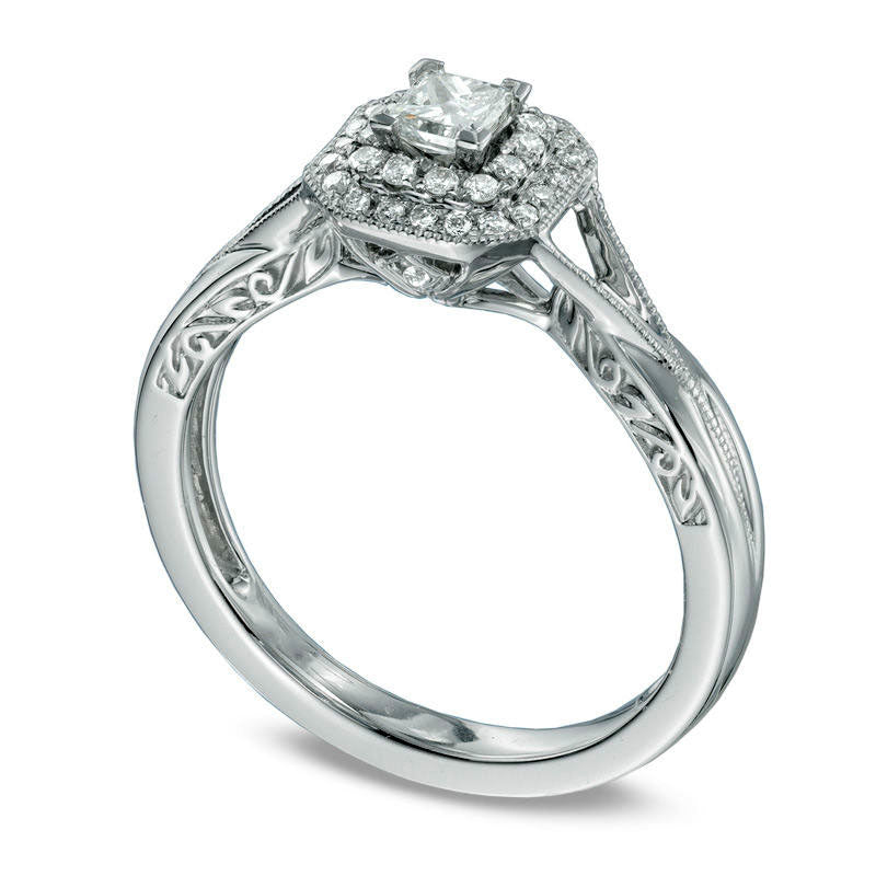 Previously Owned - 0.33 CT. T.W. Princess-Cut Natural Diamond Frame Antique Vintage-Style Engagement Ring in Solid 10K White Gold