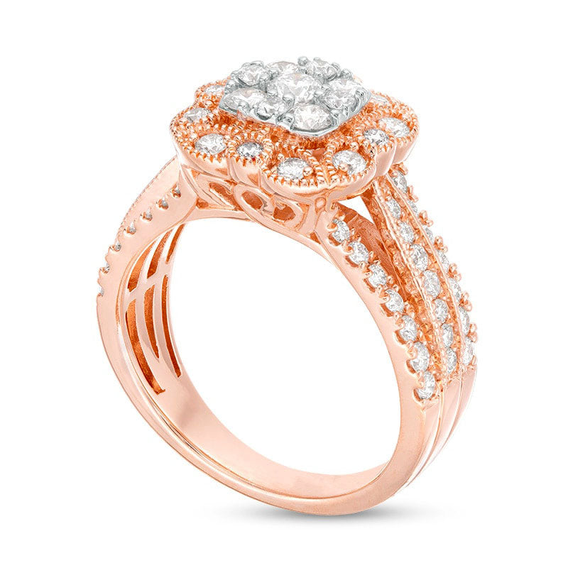 Previously Owned - 1.25 CT. T.W. Natural Diamond Scallop Cushion Frame Multi-Row Antique Vintage-Style Engagement Ring in Solid 14K Rose Gold