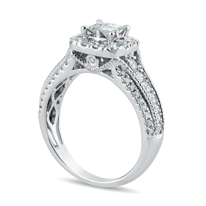 Previously Owned - 1.0 CT. T.W. Quad Princess-Cut Natural Diamond Frame Antique Vintage-Style Engagement Ring in Solid 10K White Gold