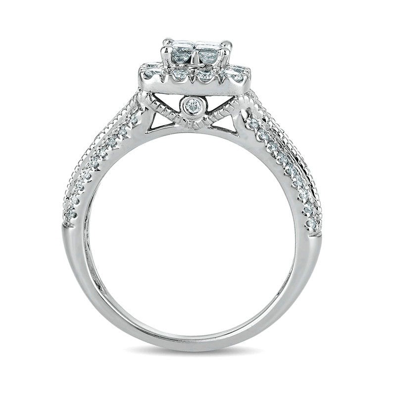 Previously Owned - 1.0 CT. T.W. Quad Princess-Cut Natural Diamond Frame Antique Vintage-Style Engagement Ring in Solid 10K White Gold