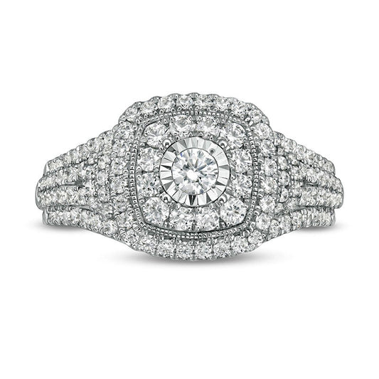 Previously Owned - 1.0 CT. T.W. Natural Diamond Double Cushion Frame Multi-Row Engagement Ring in Solid 10K White Gold