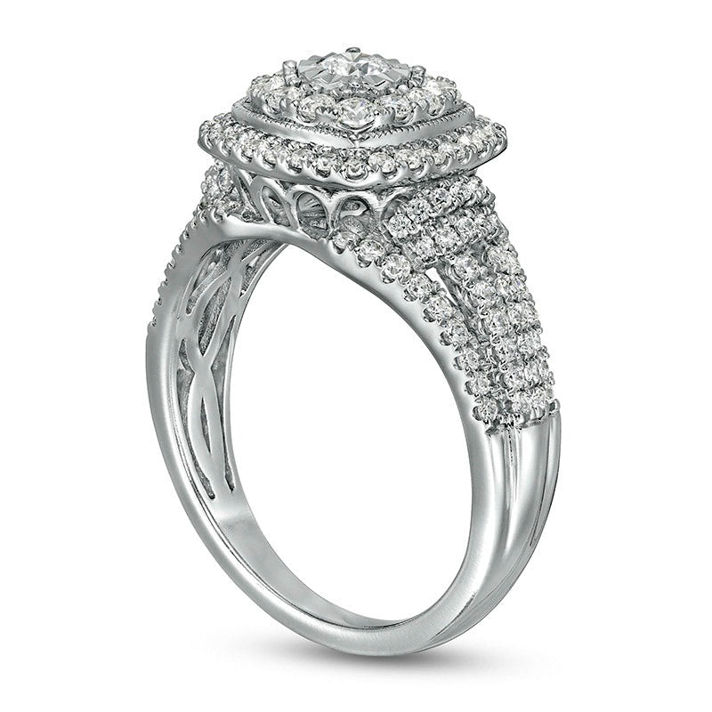 Previously Owned - 1.0 CT. T.W. Natural Diamond Double Cushion Frame Multi-Row Engagement Ring in Solid 10K White Gold