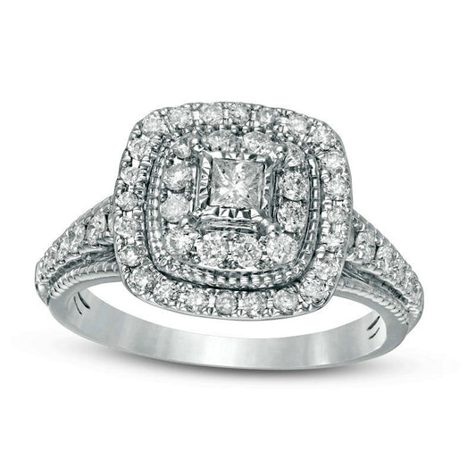 Previously Owned - 0.75 CT. T.W. Princess-Cut Natural Diamond Double Frame Antique Vintage-Style Engagement Ring in Solid 14K White Gold