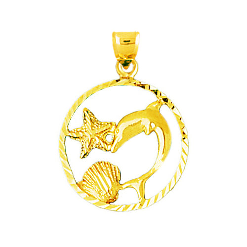 14K Gold Dolphin with Seashell and Starfish Pendant