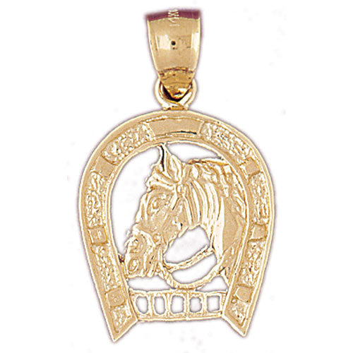 14K Gold Equestrian Horse Head In Horseshoe Pendant