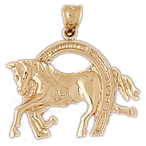 14K Gold Equestrian Horse in Horseshoe Pendant