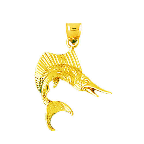 Solid 14K Yellow Gold 3D Sailfish Pendant