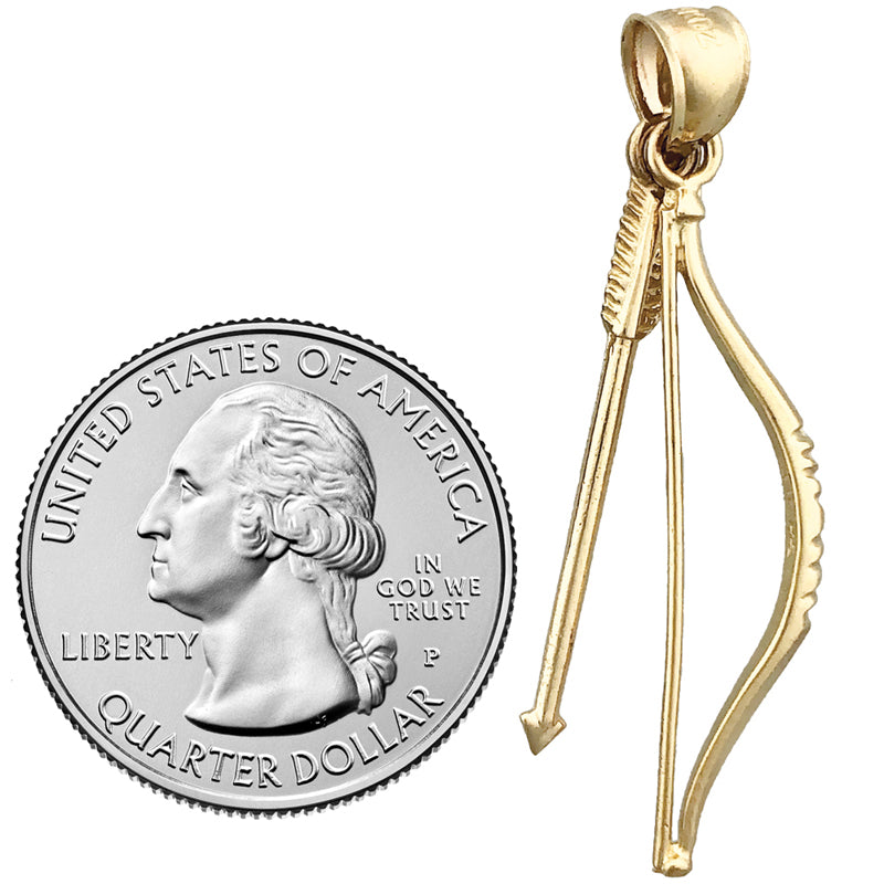 14K Gold 3D Bow and Arrow Pendant