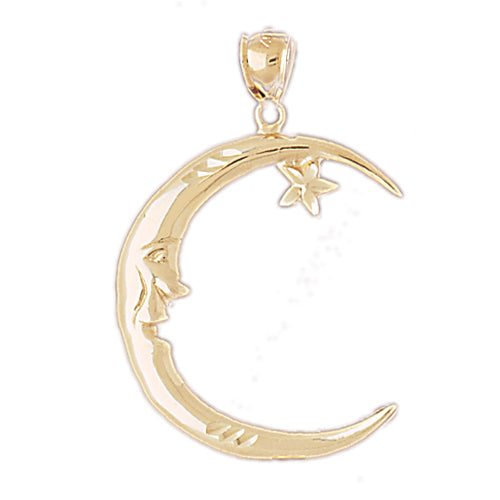 14K Gold 29MM Crescent Moon with Star Pendant