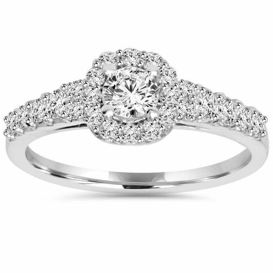 3/4CT Cushion Halo Round Diamond Engagement Ring 14K White Gold