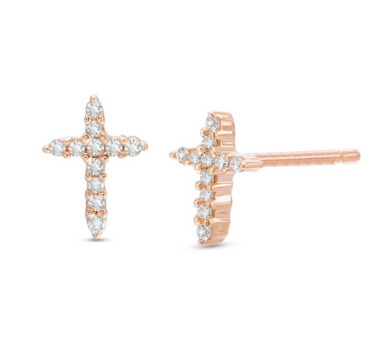 Diamond Cross Stud Earrings 14K Rose White or Yellow Gold Christian Jewelry