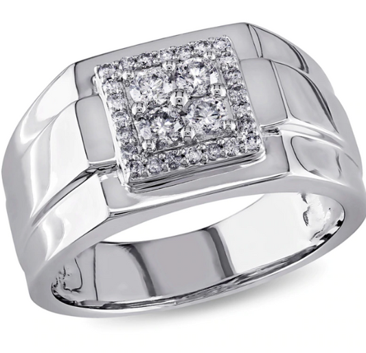 Men's 1/2 CT Composite Diamond Square Frame Ring in 14K White Gold