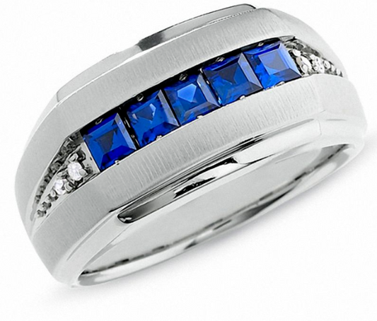 Men's Lab-Created Blue Sapphire Diamond Ring in 14K White Gold