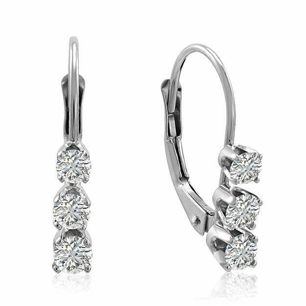 1.0ct 3 Stone Genuine Diamond Earrings 14K White Gold