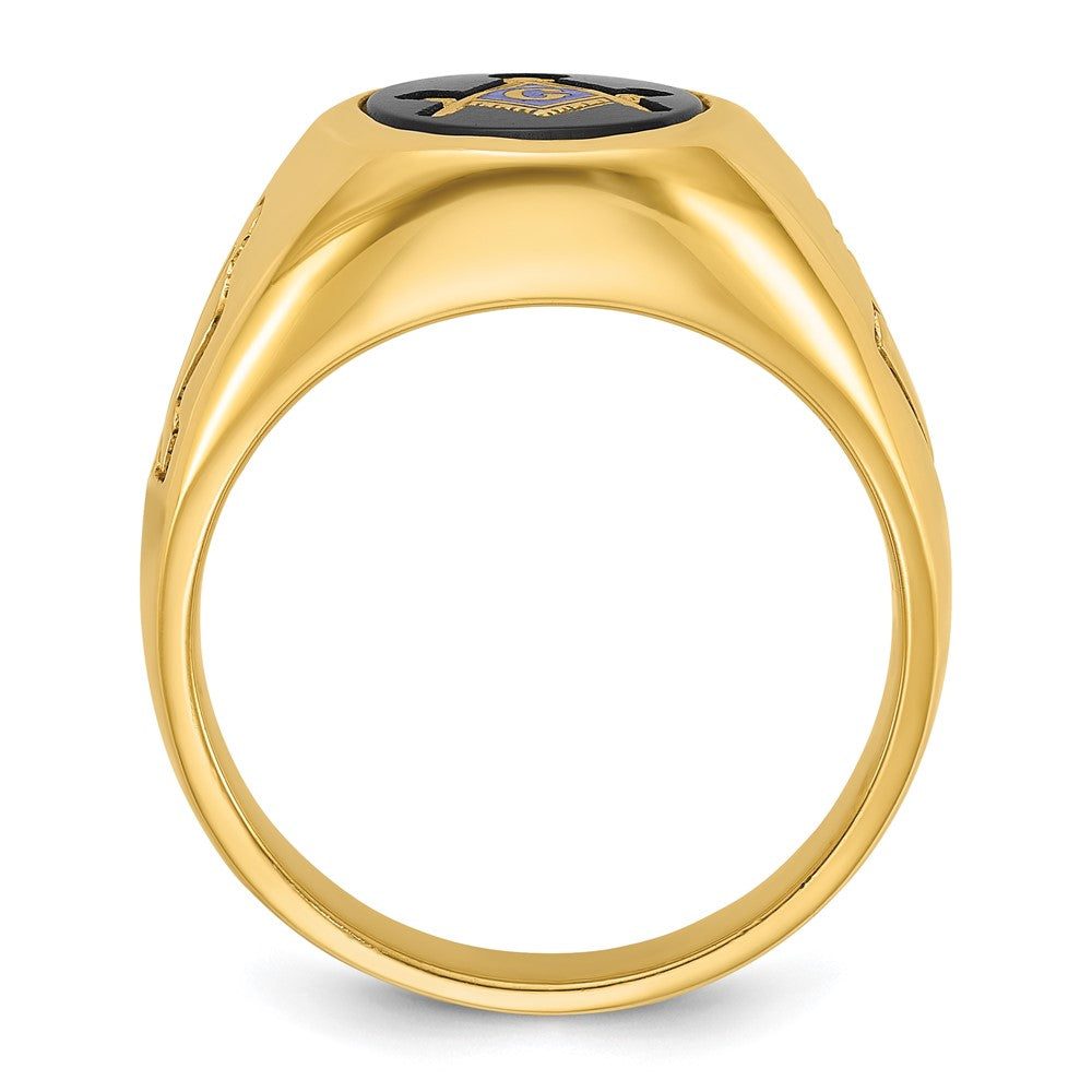 14k Yellow Gold Men's Polished and Grooved with Oval Onyx Blue Lodge Master Masonic Ring