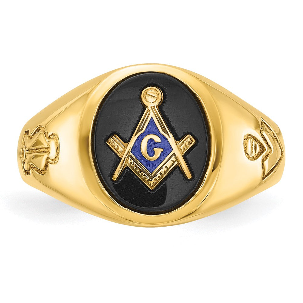 14k Yellow Gold Men's Polished and Grooved with Oval Onyx Blue Lodge Master Masonic Ring