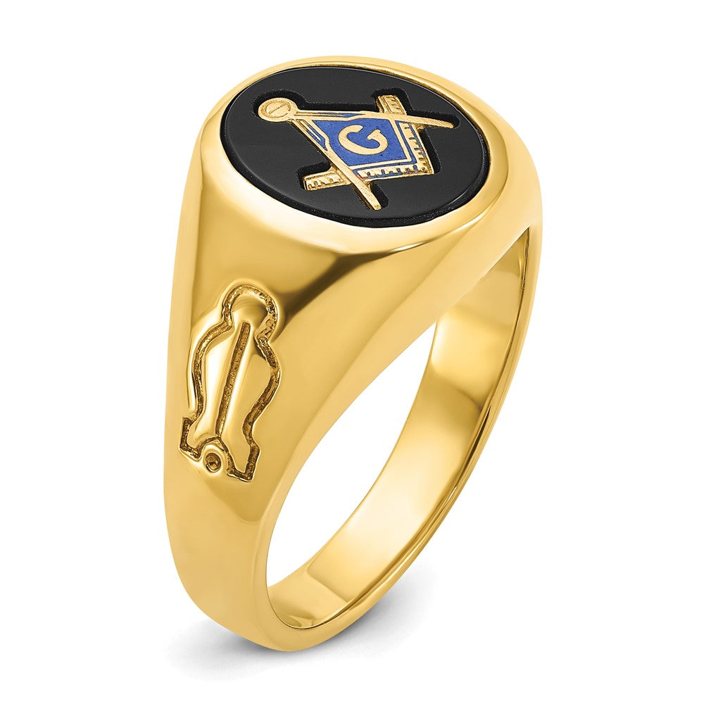 14k Yellow Gold Men's Polished and Grooved with Oval Onyx Blue Lodge Master Masonic Ring