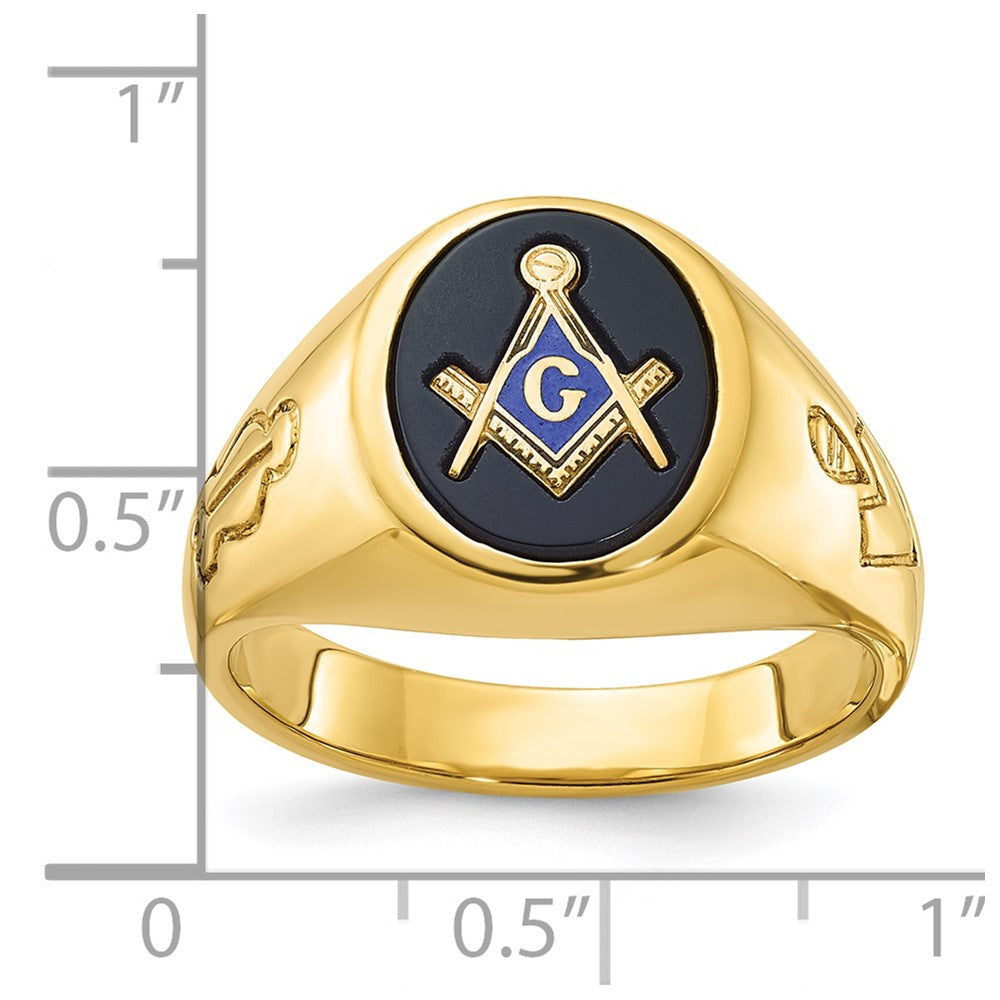 14k Yellow Gold Men's Polished and Grooved with Oval Onyx Blue Lodge Master Masonic Ring