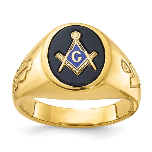 14k Yellow Gold Men's Polished and Grooved with Oval Onyx Blue Lodge Master Masonic Ring