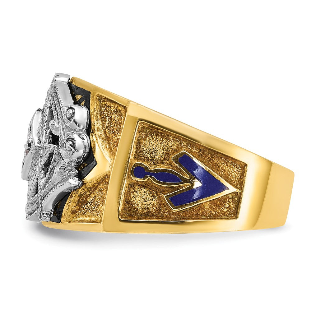 14k Two-tone Gold Men's Polished and Textured with Blue and Black Enamel Diamond Blue Lodge Master Masonic Ring