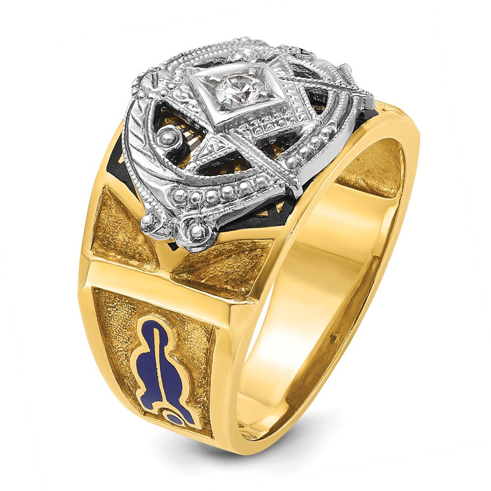 14k Two-tone Gold Men's Polished and Textured with Blue and Black Enamel Diamond Blue Lodge Master Masonic Ring