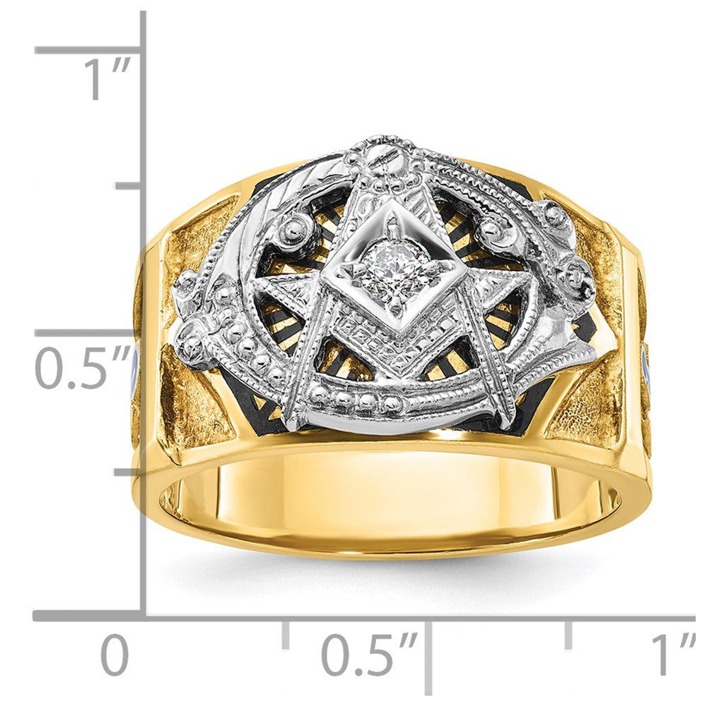 14k Two-tone Gold Men's Polished and Textured with Blue and Black Enamel Diamond Blue Lodge Master Masonic Ring