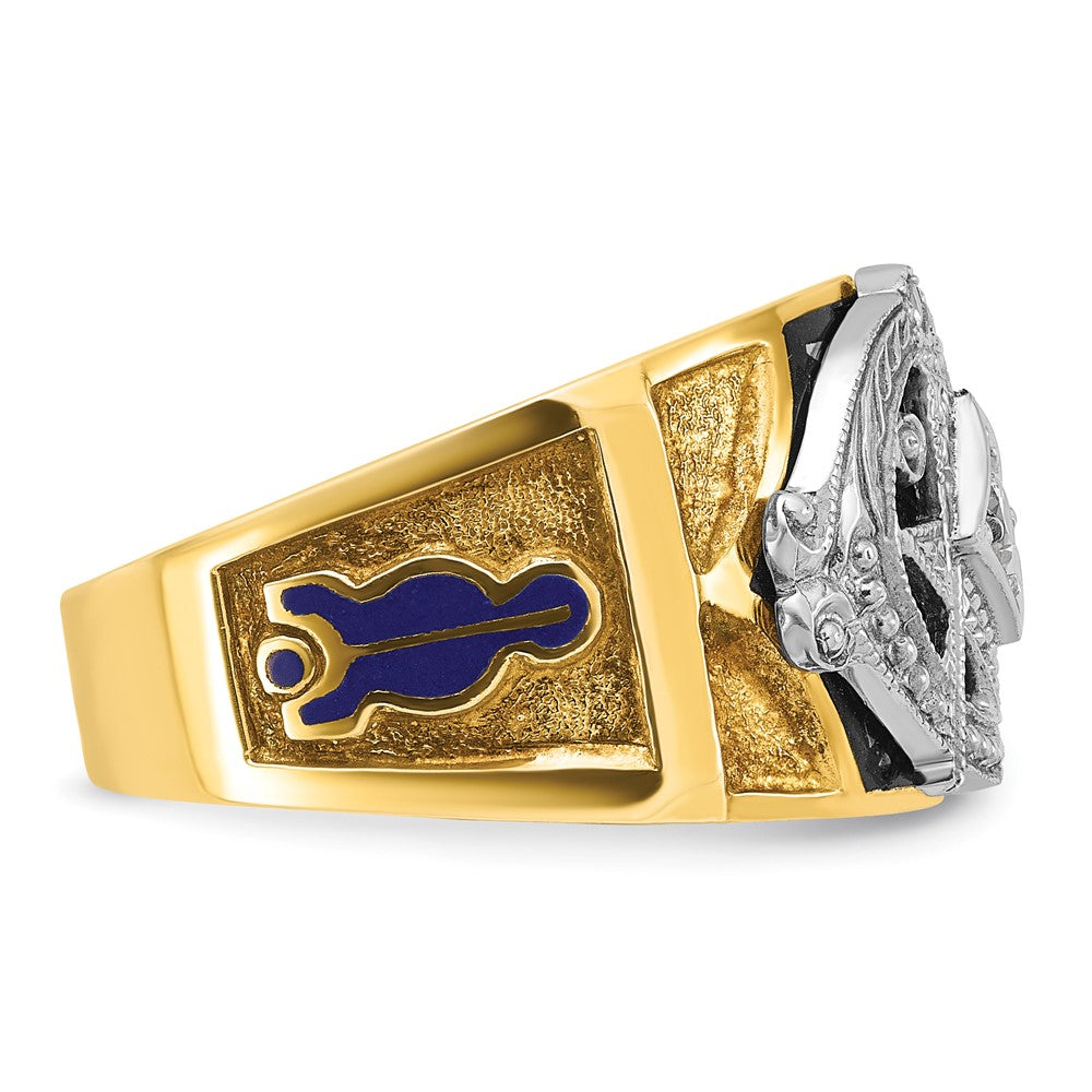 14k Two-tone Gold Men's Polished and Textured with Blue and Black Enamel Diamond Blue Lodge Master Masonic Ring