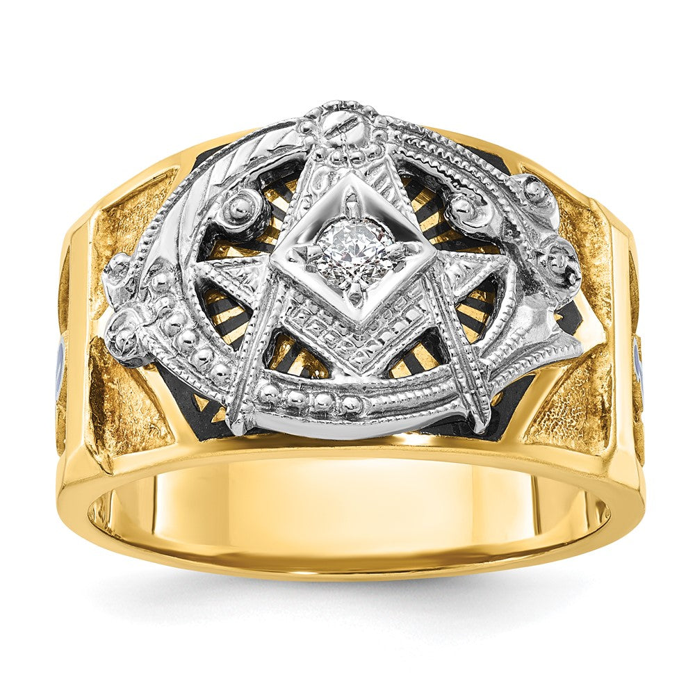 14k Two-tone Gold Men's Polished and Textured with Blue and Black Enamel Diamond Blue Lodge Master Masonic Ring