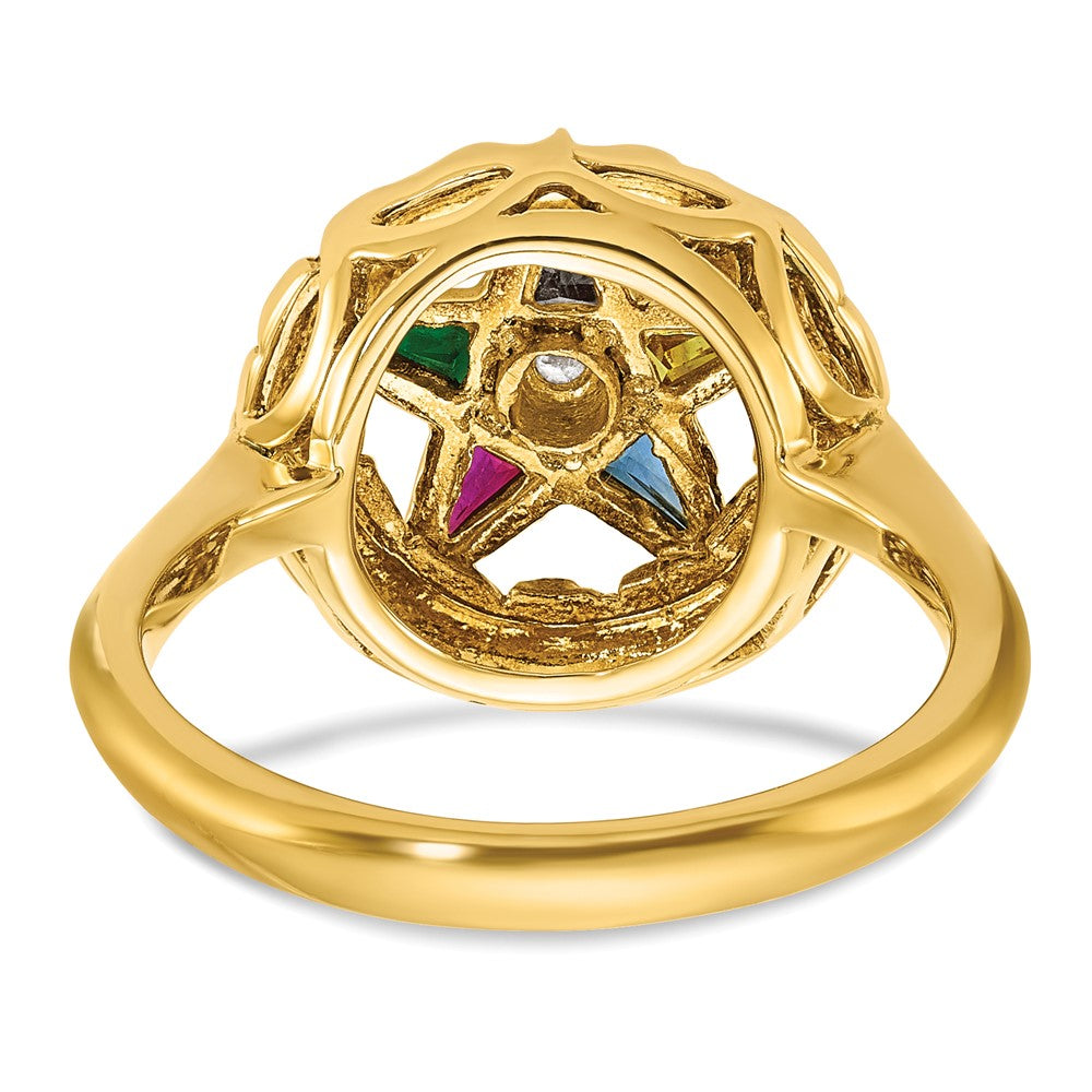 14k Yellow Gold Women's Polished and Textured with Multi-color CZ and  Diamond Eastern Star Masonic Ring