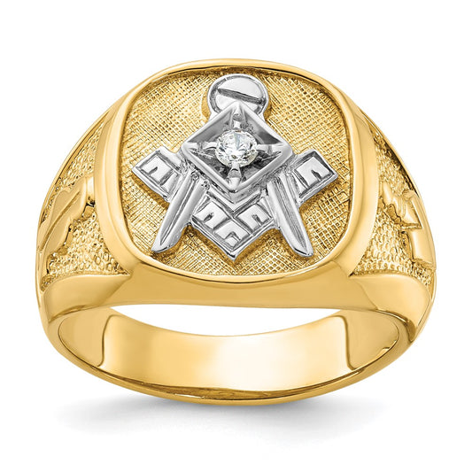 14k Yellow & Rhodium Gold with White Rhodium Men's Polished and Textured Diamond Blue Lodge Master Masonic Ring