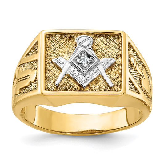 14k Yellow & Rhodium Gold with White Rhodium Men's Polished and Textured Diamond Blue Lodge Master Masonic Ring