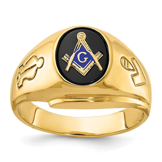 14k Yellow Gold Men's Polished and Grooved with Oval Onyx Blue Lodge Master Masonic Ring