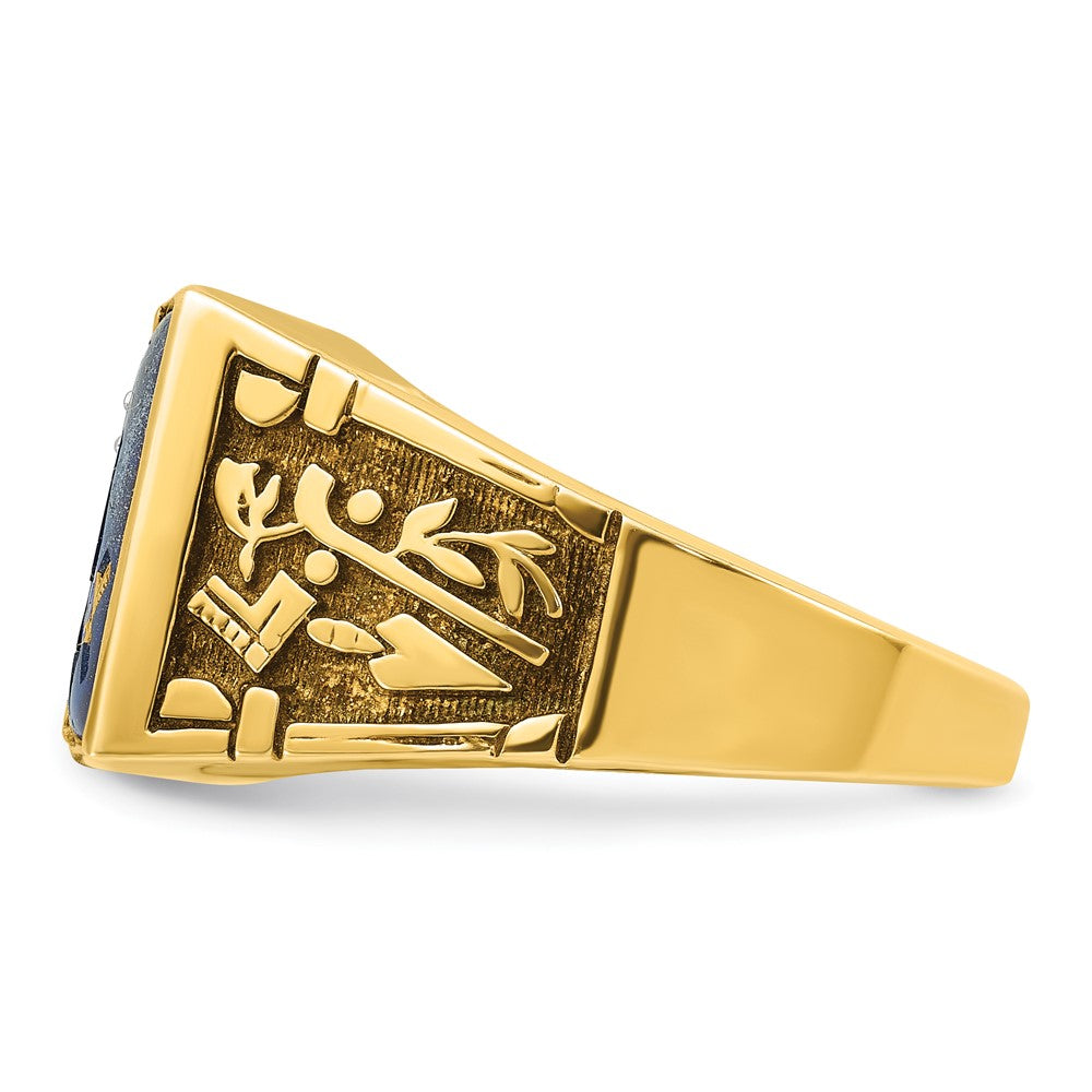 14k Two-tone Gold Men's Polished and Textured with Lab Created Sapphire and Diamond Blue Lodge Master Masonic Ring