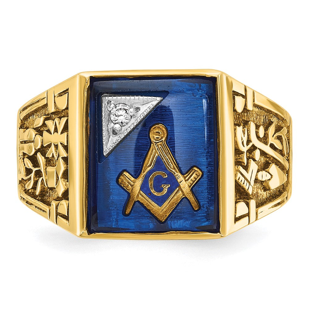 14k Two-tone Gold Men's Polished and Textured with Lab Created Sapphire and Diamond Blue Lodge Master Masonic Ring