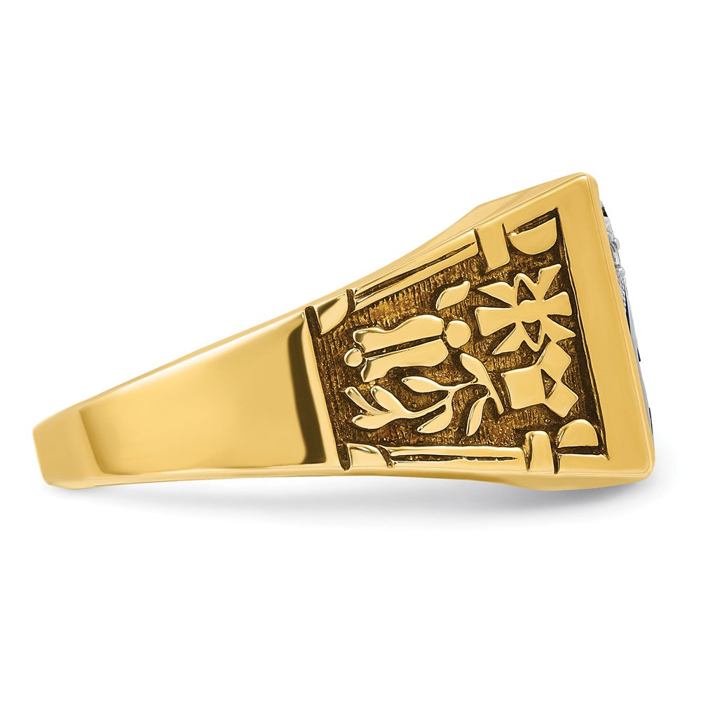 14k Two-tone Gold Men's Polished and Textured with Lab Created Sapphire and Diamond Blue Lodge Master Masonic Ring